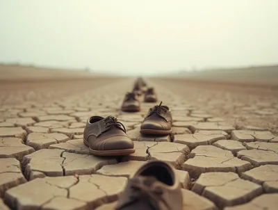 Brown Leather Shoes Lined Up On Cracked Dry Earth