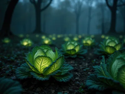 Glowing Cabbages In A Dark Misty Forest