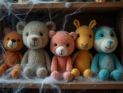 Five Plush Toys Sitting On A Dusty Wooden Shelf