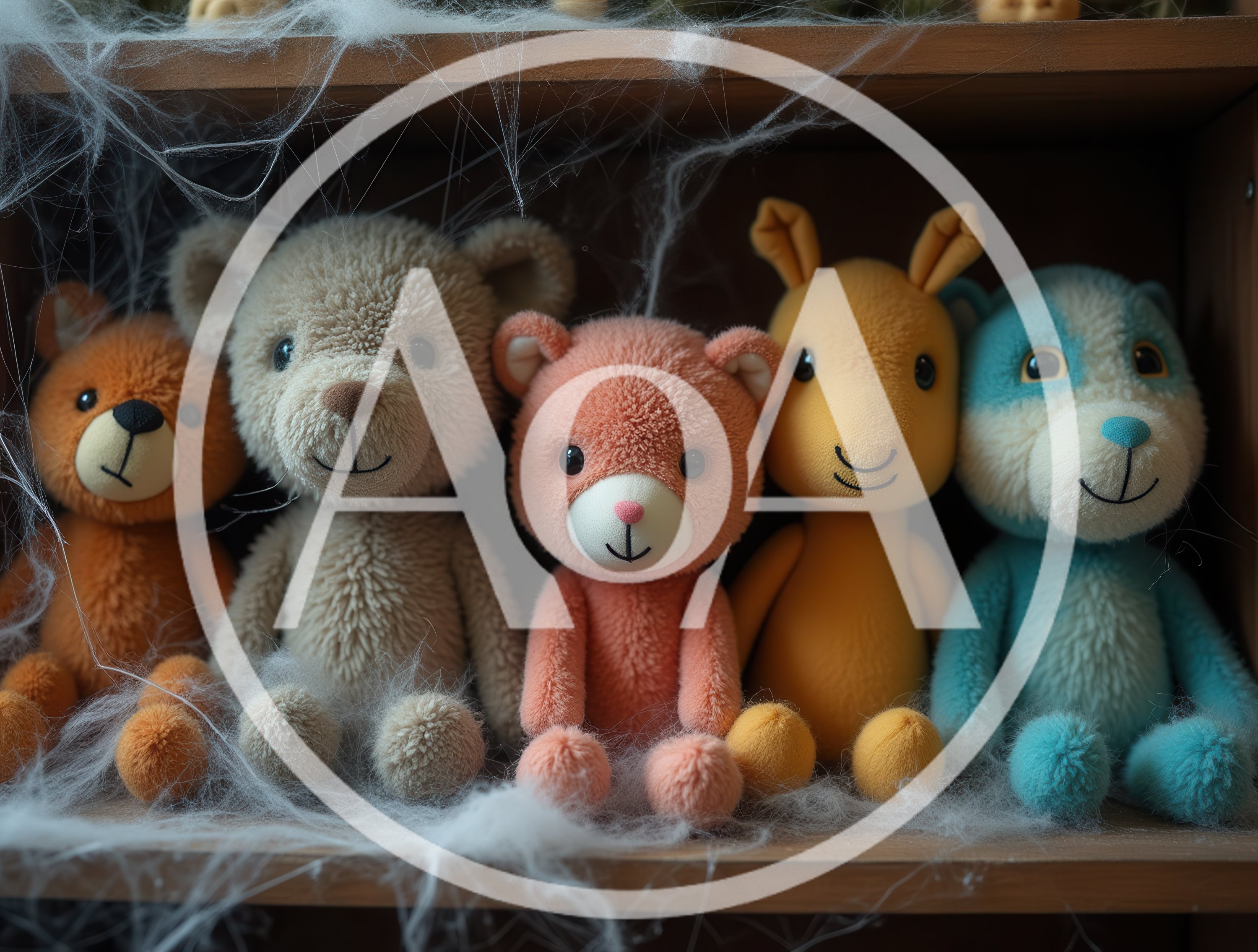 Five Plush Toys Sitting On A Dusty Wooden Shelf