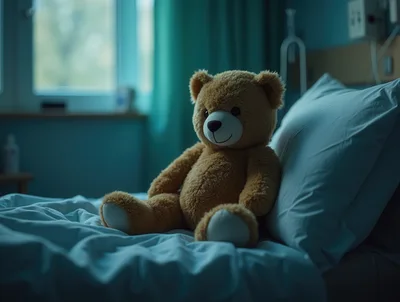 Teddy Bear Sitting Alone On A Hospital Bed