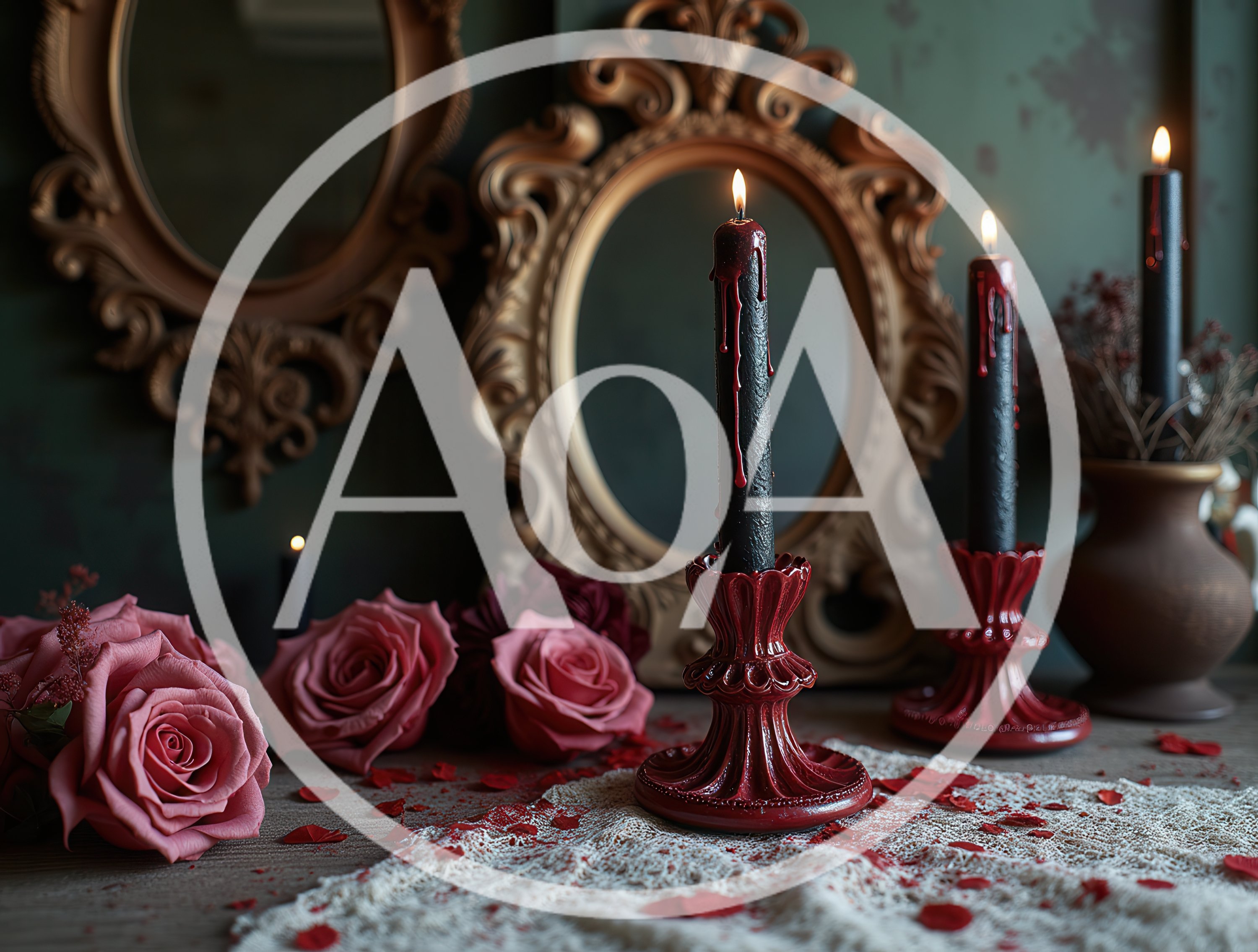 Gothic Still Life With Black Candles And Roses