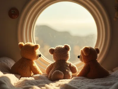 Three Teddy Bears Sitting Together Looking Out A Window