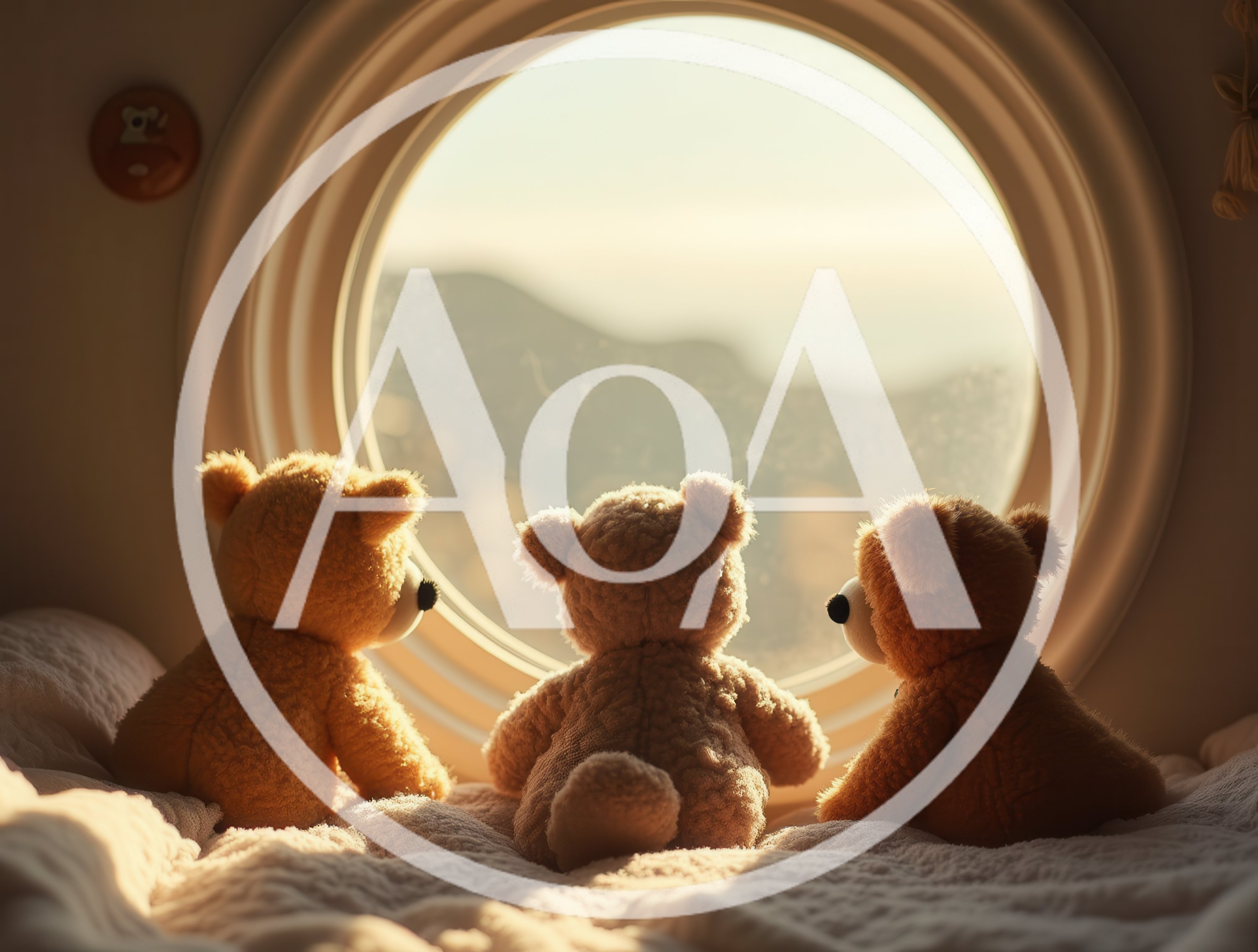 Three Teddy Bears Sitting Together Looking Out A Window