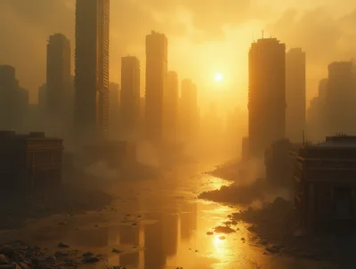 Post Apocalyptic Cityscape With Sunlit River
