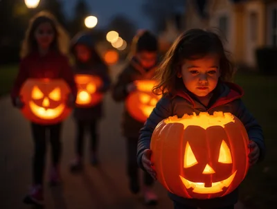 Children Trick Or Treating With Glowing Jack O Lanterns