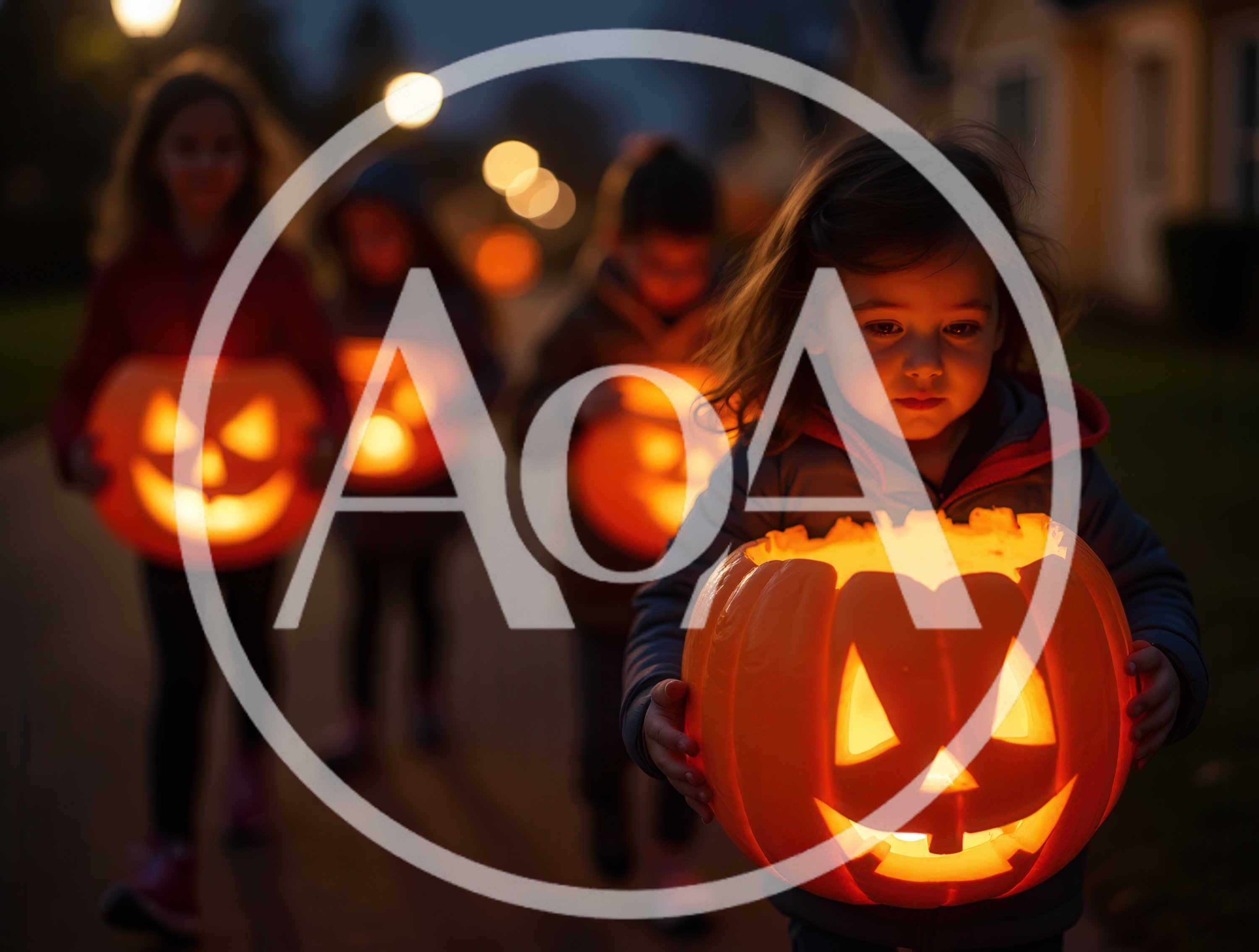 Children Trick Or Treating With Glowing Jack O Lanterns