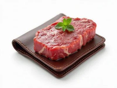 Raw Beef Steak Resting On A Brown Leather Wallet