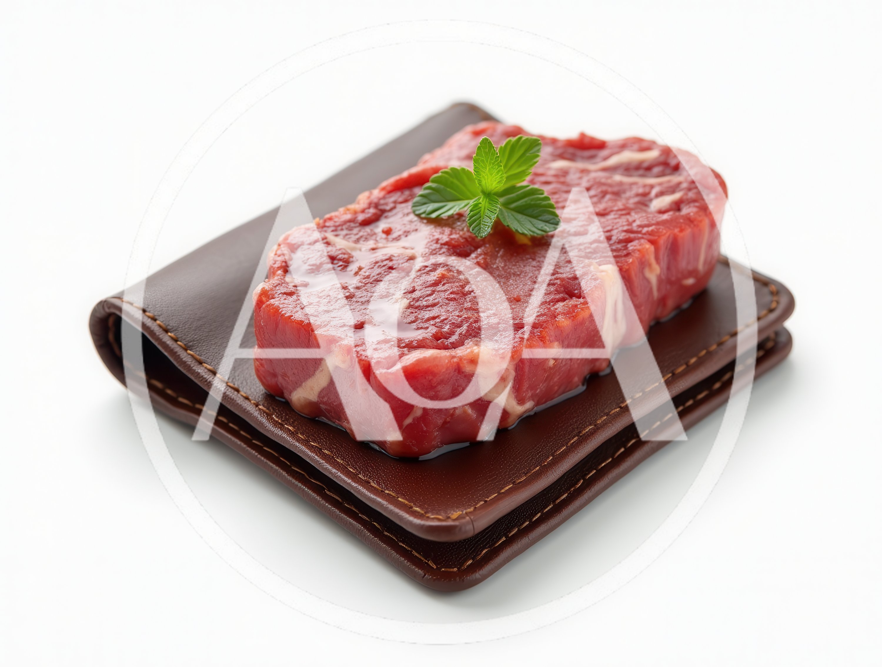 Raw Beef Steak Resting On A Brown Leather Wallet