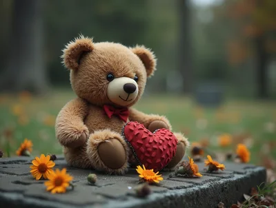 Teddy Bear Sitting With A Red Heart On Stone