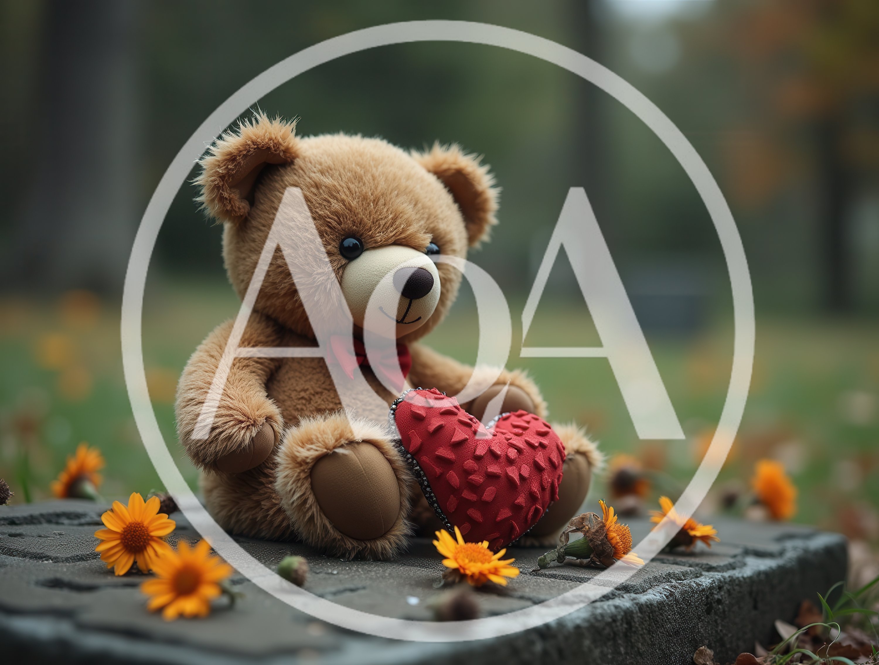 Teddy Bear Sitting With A Red Heart On Stone
