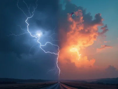 Dramatic Split Sky Lightning Over A Desert Highway