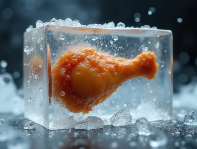 Fried Chicken Drumstick Frozen Inside A Clear Ice Cube