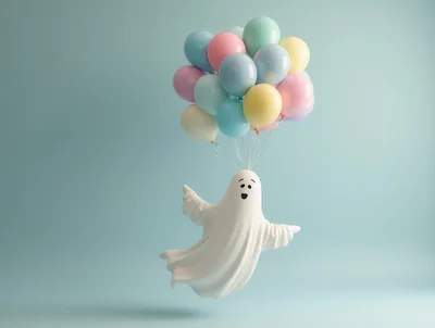 Cute Ghost Floating With Pastel Balloons