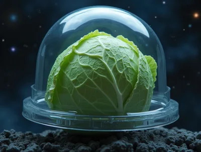 Fresh Green Cabbage Under Glass Dome On Lunar Surface