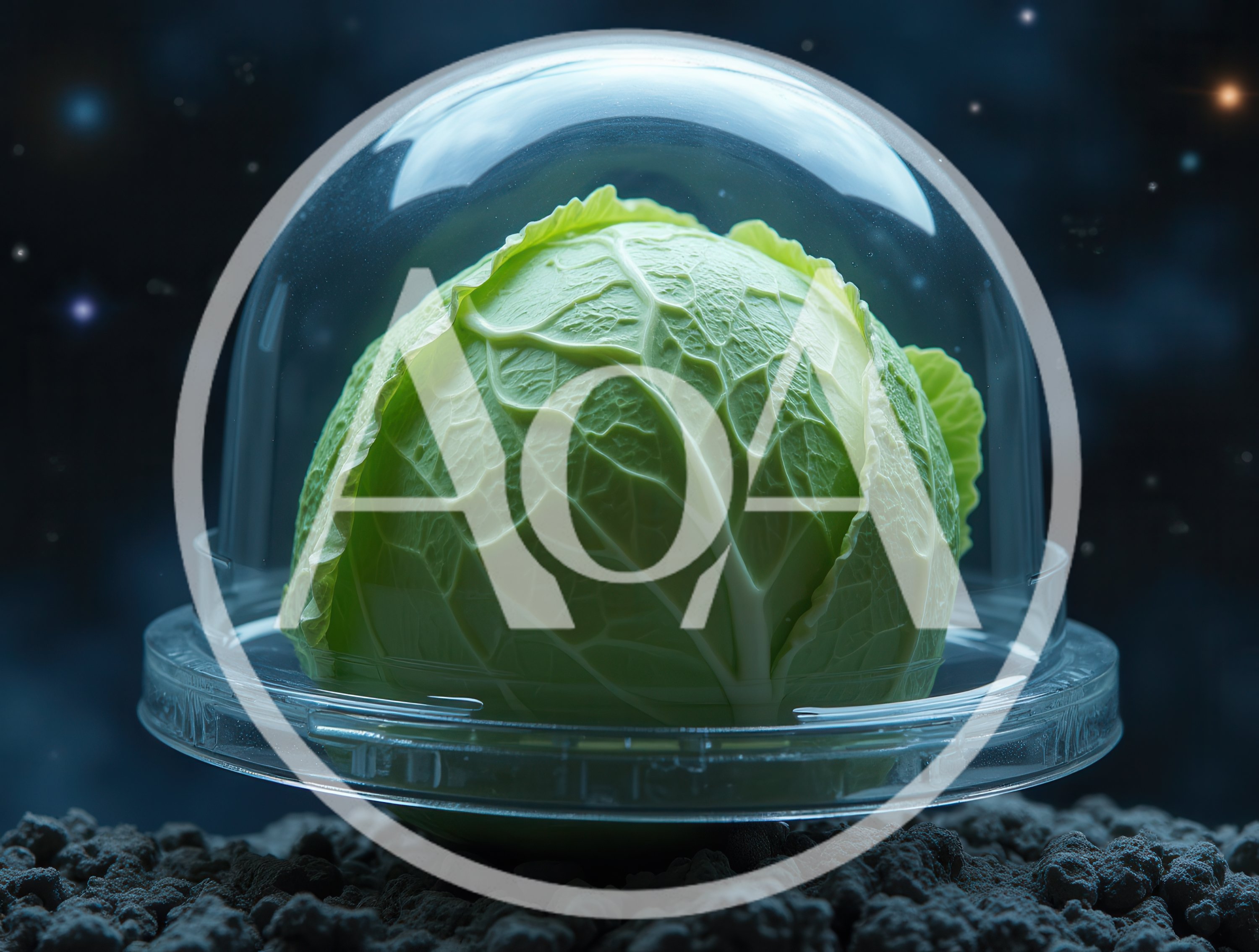 Fresh Green Cabbage Under Glass Dome On Lunar Surface