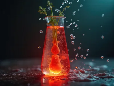Carrot Submerged In Glowing Red Laboratory Flask