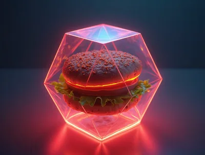 Futuristic Burger Encased In A Glowing Geometric Prism