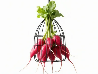 Fresh Red Radishes Hanging Inside A Decorative Wire Cage