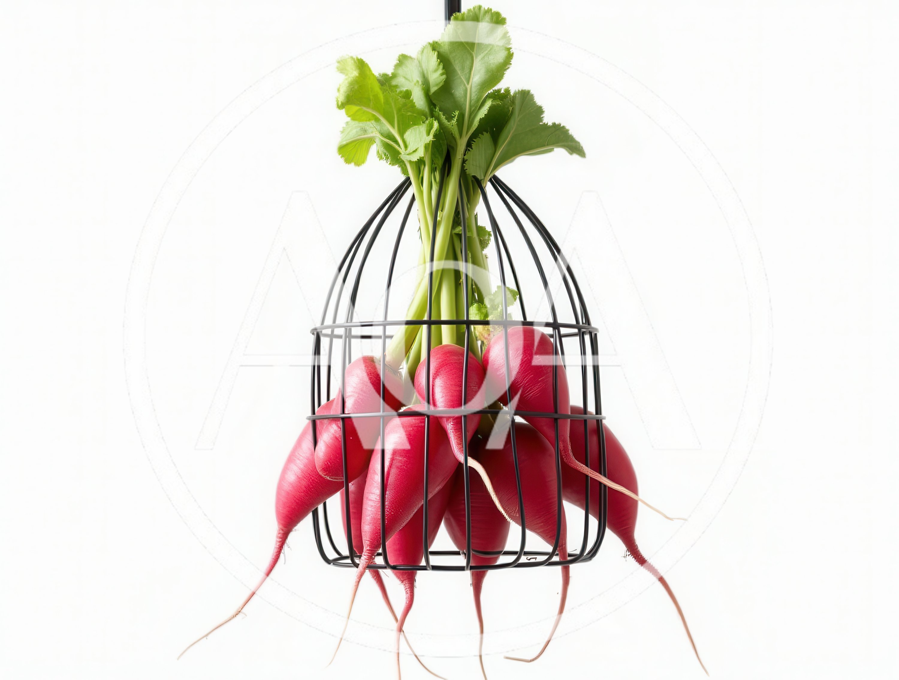 Fresh Red Radishes Hanging Inside A Decorative Wire Cage