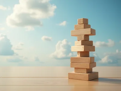 Wooden Block Tower Stacked Against A Blue Sky