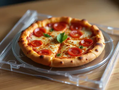 Fresh Pepperoni Pizza On A Clear Plastic Tray