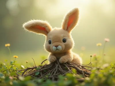 Cute Fluffy Bunny Sitting On Tree Roots