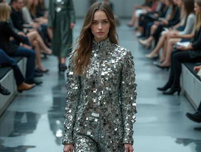 Fashion Model Walking Runway In Mirror Tile Jumpsuit