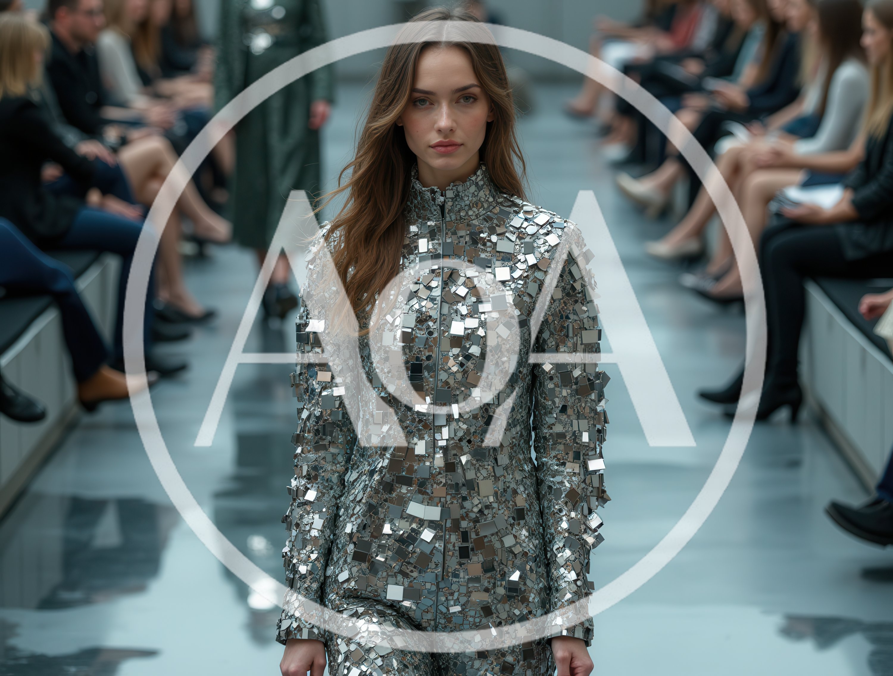 Fashion Model Walking Runway In Mirror Tile Jumpsuit