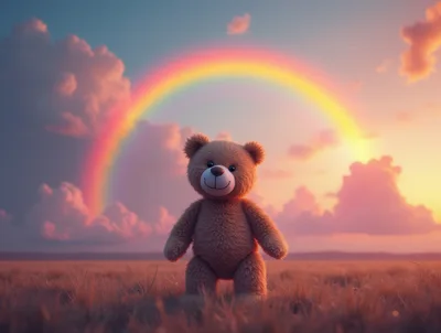 Cute Teddy Bear Standing In A Grassy Field