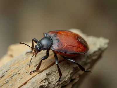 Macro Shot Of A Red Beetle On Wood
