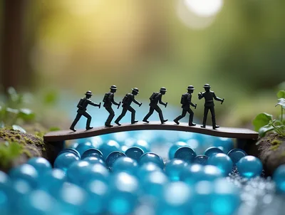 Miniature Toy Soldiers Crossing A Bridge Over Blue Orbs