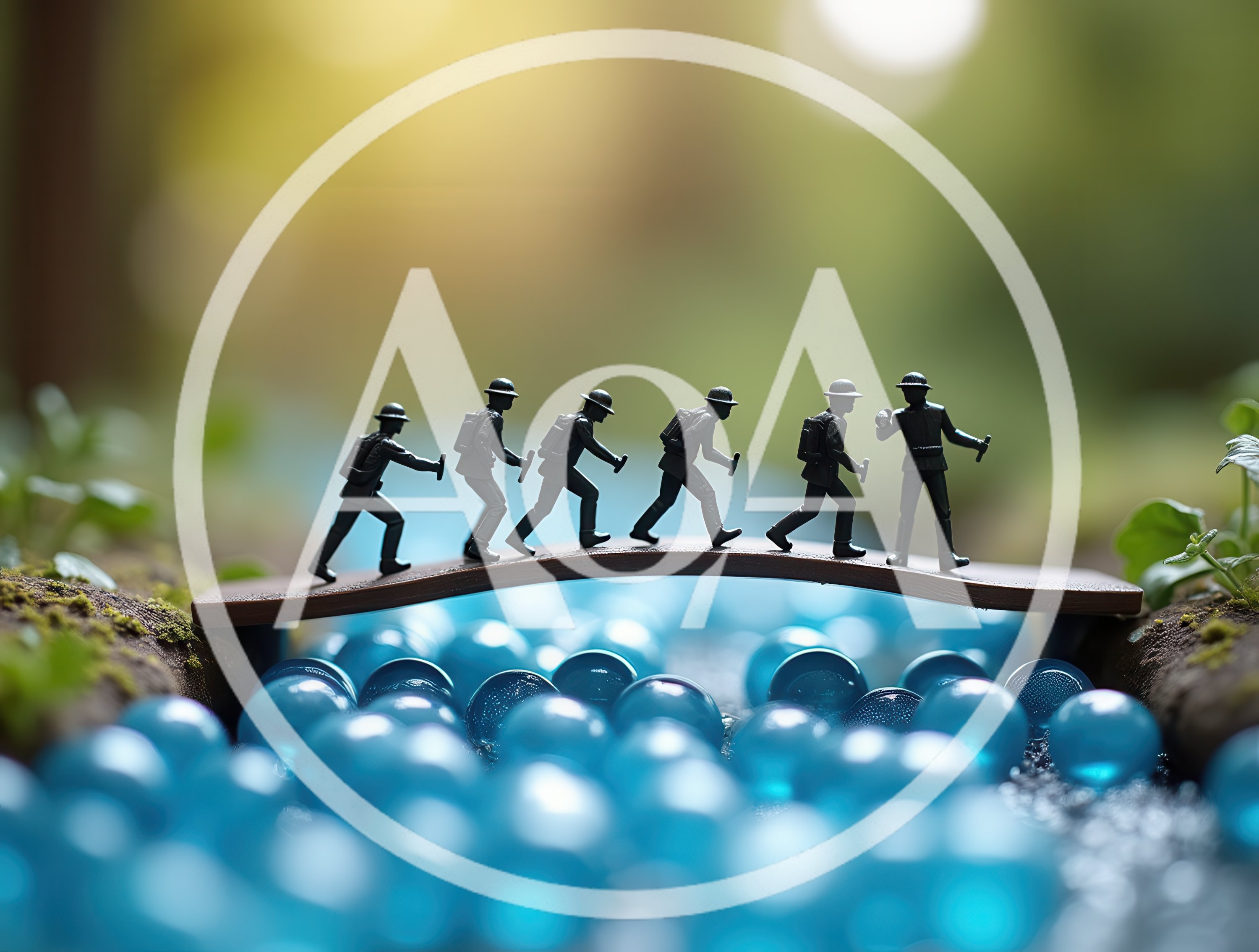 Miniature Toy Soldiers Crossing A Bridge Over Blue Orbs