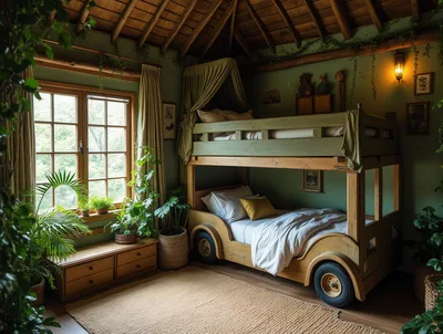 Cozy Rustic Bedroom With Car Themed Bunk Bed