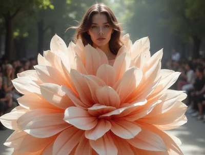 Fashion Model Wearing A Giant Peach Flower Costume
