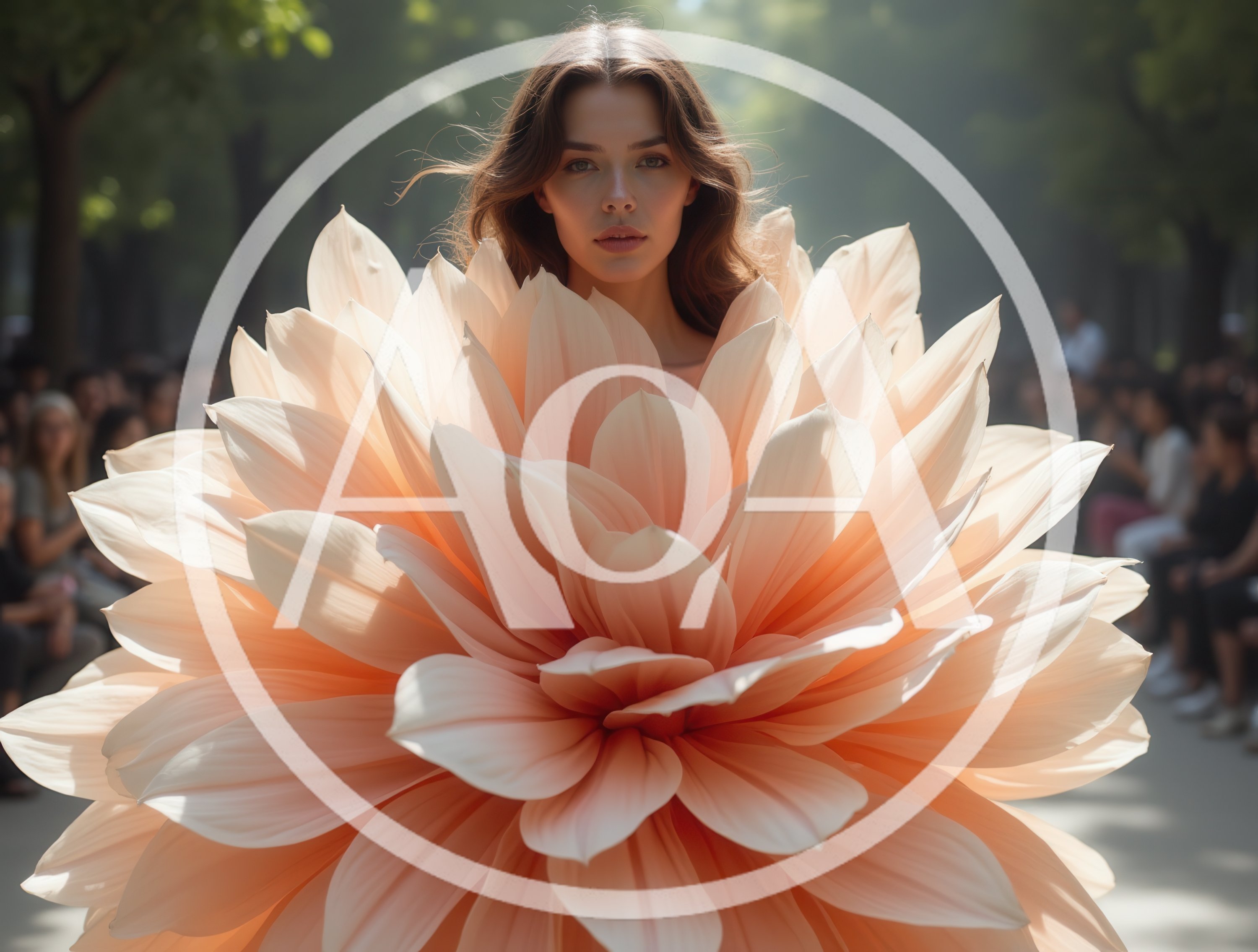 Fashion Model Wearing A Giant Peach Flower Costume