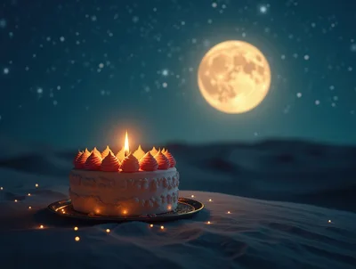 Birthday Cake With Single Candle Under Full Moon