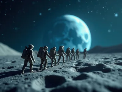 Astronauts Walking In A Line On The Moon