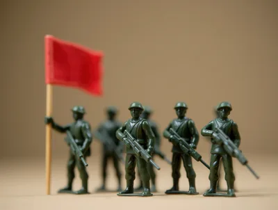 Plastic Toy Soldiers Standing With A Red Flag