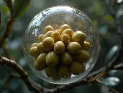 Cluster Of Green Olives Inside A Transparent Glass Sphere