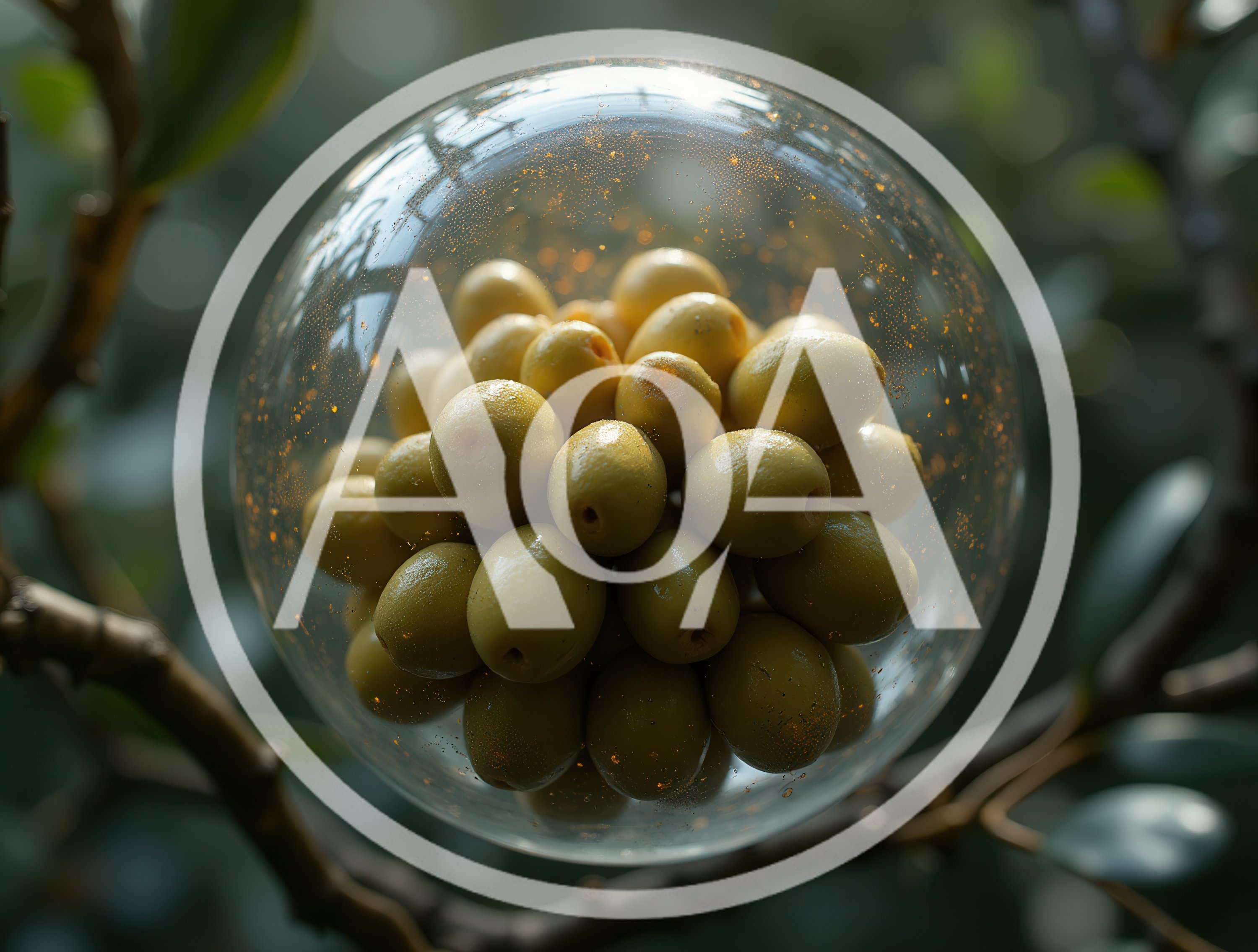 Cluster Of Green Olives Inside A Transparent Glass Sphere