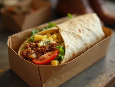 Fresh Beef Burrito In A Cardboard Takeout Container