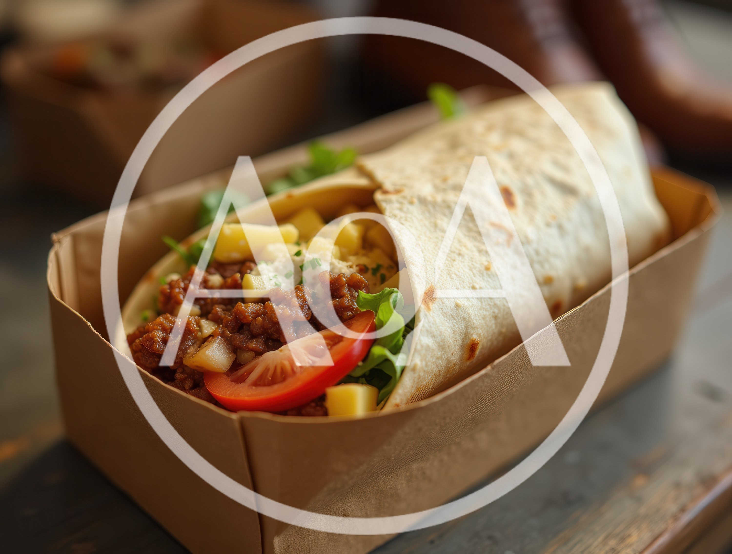 Fresh Beef Burrito In A Cardboard Takeout Container