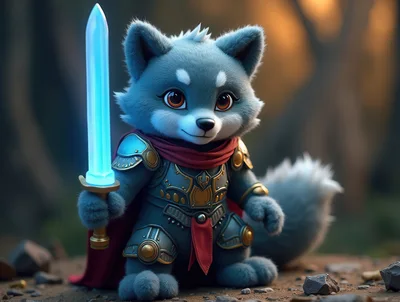 Cute Anthropomorphic Wolf Knight Holding Glowing Sword