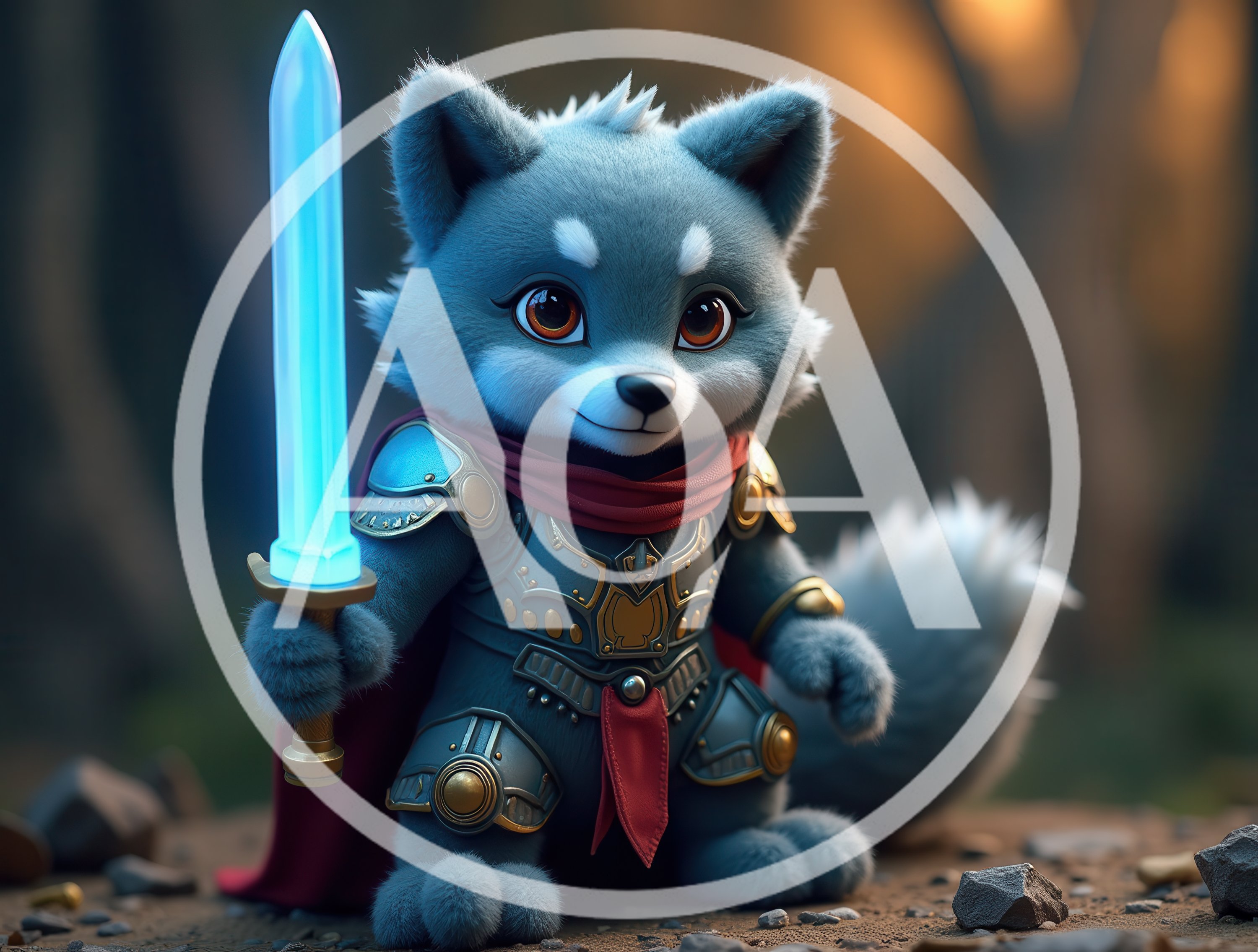 Cute Anthropomorphic Wolf Knight Holding Glowing Sword