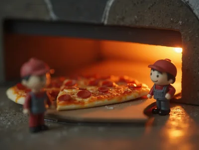Miniature Toy Figures Baking Pizza In A Brick Oven