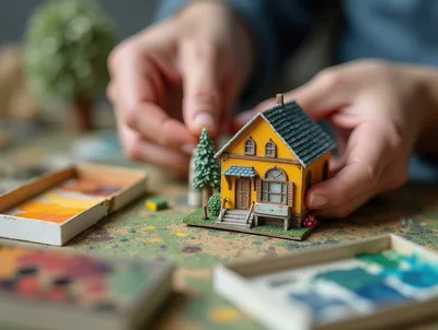 Person Assembling A Miniature Yellow Model House