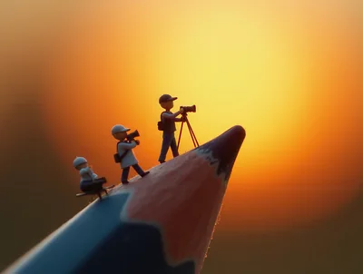 Miniature Photographers Standing On A Pencil Tip