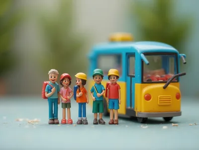 Miniature Figurines of School Children Standing by Bus