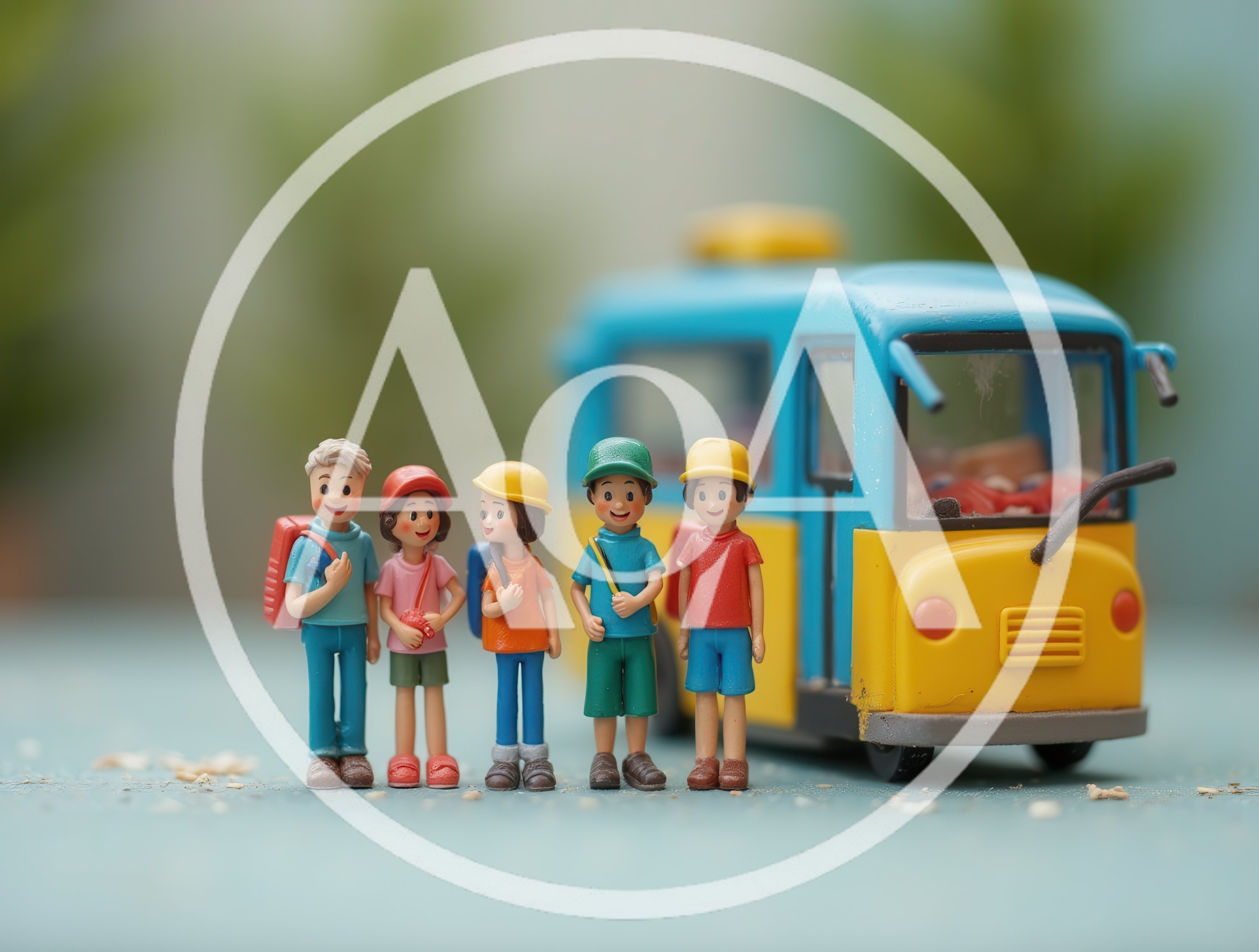 Miniature Figurines of School Children Standing by Bus